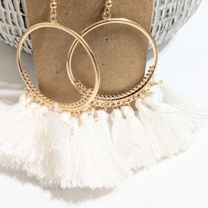 Elegant Gold and White Tassel Hoop Earrings